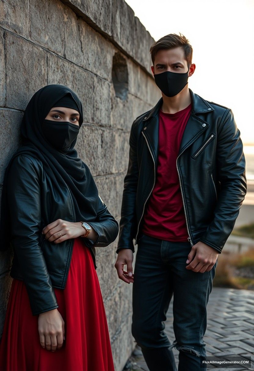 A largest black hijab girl, beautiful eyes, black face mask, black leather jacket, biggest red longest dress, petite,

Jamie Dornan, handsome, black face mask, fit and tough body, red metal t-shirt, black leather jacket, jeans, tall man,

standing near a wall together,  
Hyper realistic, photorealistic, street photography, Victoria's abandoned castle, near the beach, sunrise. - Image