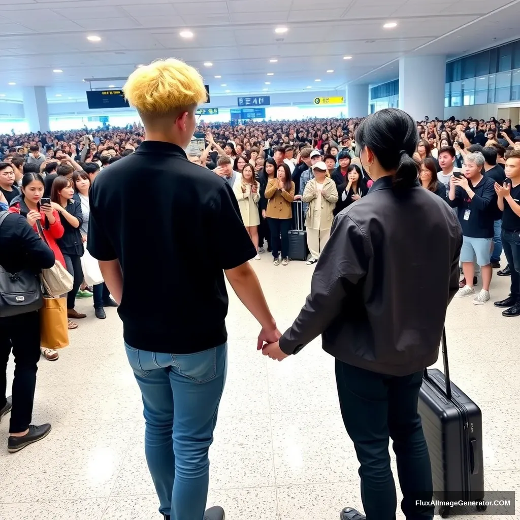 A man with curled, blonde ear-length hair and a man with low pony-tailed ebony hair are holding each other's hands in front of a huge crowd of fans at the airport, facing away from them. Both are styled like K-pop idols, and the blonde man is taller. - Image