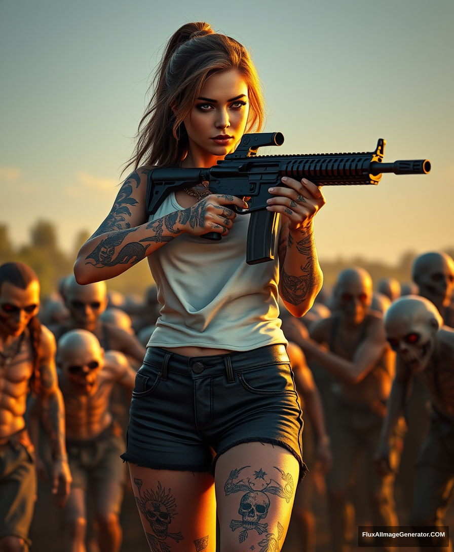 Portrait of a sexy woman in a white vest and a pair of black shorts, lots of gypsy-style tattoos on both arms and legs, skull pattern tattoos, scratched arm skin, holding an AR-15 rifle with both hands, aiming posture, surrounded by scary zombies, golden hour lighting, ray tracing, global illumination.