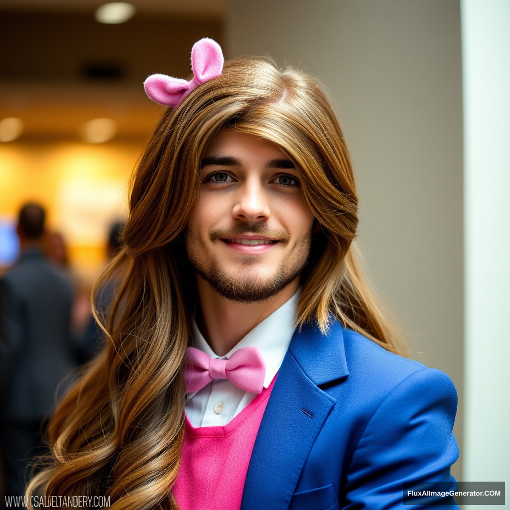 Long brown-haired and short-bearded guy cosplaying as Barbie.