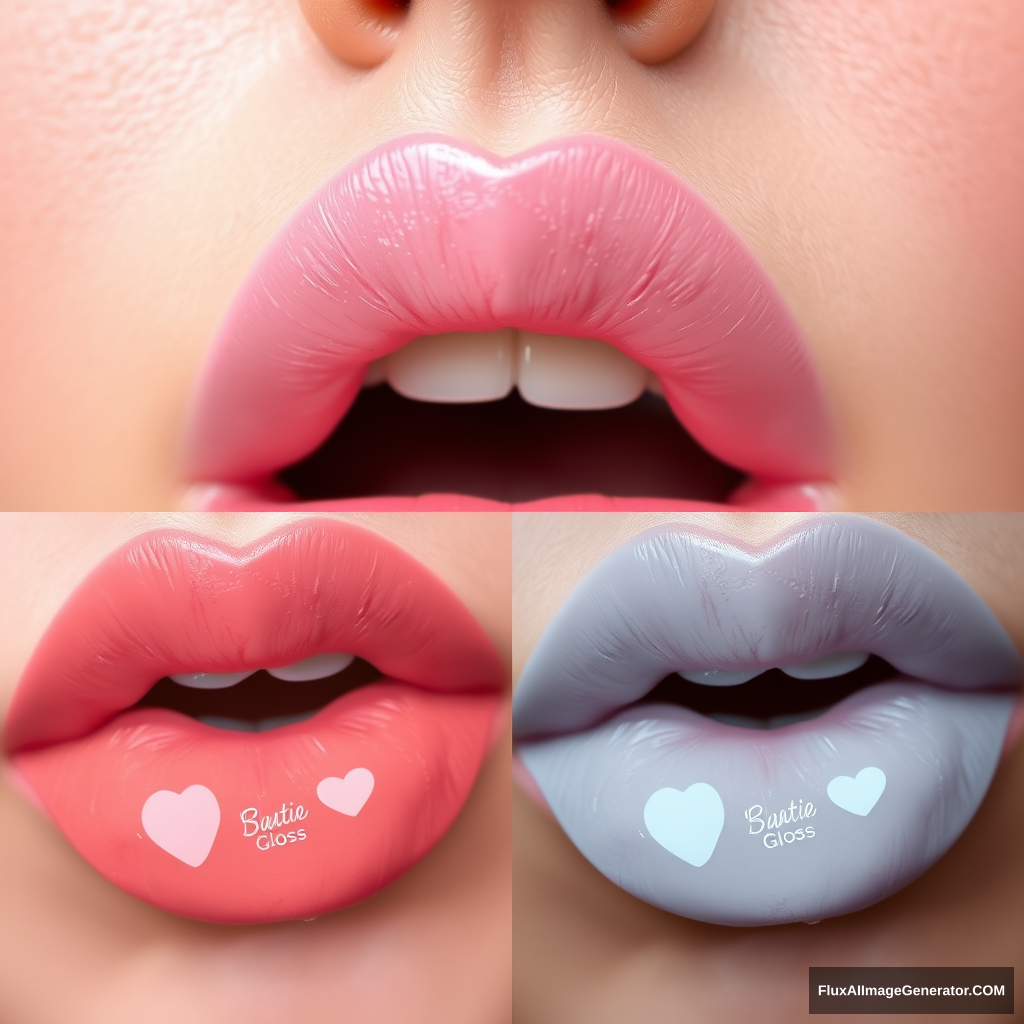 A close-up picture of a woman's lips with pastel-colored lip gloss. Photos of lip gloss commercials. 4-cut split photo. Place lip photos with lip gloss of different colors for each cut. - Image