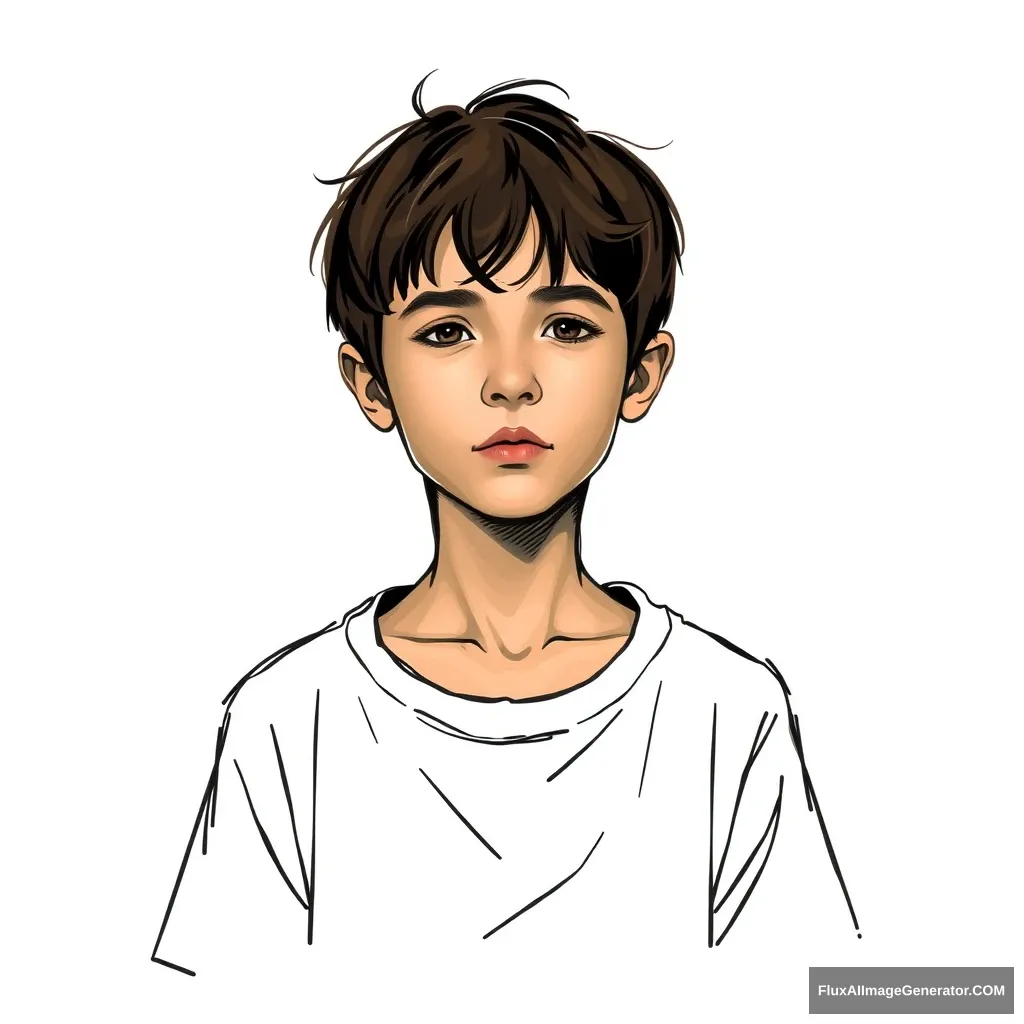 A portrait with a simple stroke style. A boy wearing a loose T-shirt, front facing photo. - Image