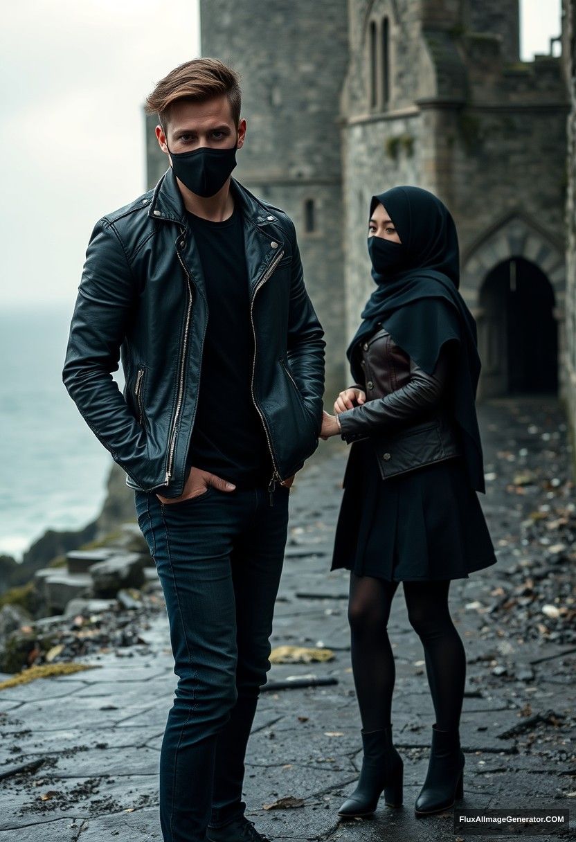 Jamie Dornan's head and body shot, handsome, youngest, black face mask, black leather jacket, jeans, dating, love with the biggest black hijab Muslim girl, not tall, beautiful eyes, face mask, maroon leather jacket, biggest black skirt, hyper realistic, studio photography, full body photo, exploring at an abandoned castle, at sea, gloomy scenery.