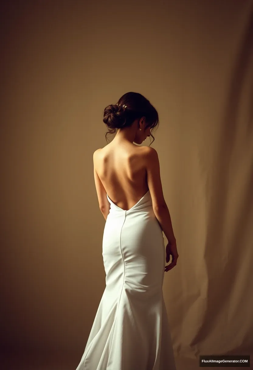 a short young woman, sensitive, delicate, ashamed, wearing a backless strapless side-less low-waisted open-back contouring wedding dress that seems like it's going to fall any moment, in front of patriarchy, expectations.