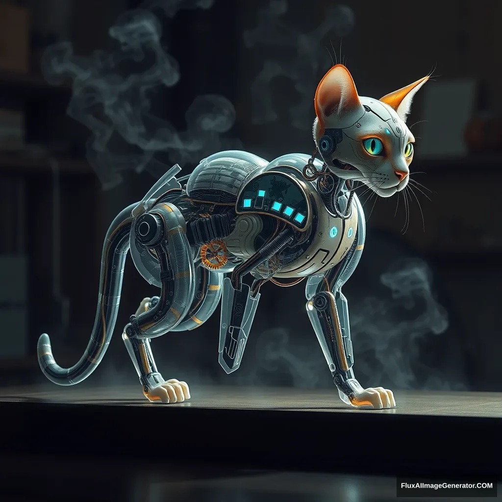 A biomechanical feline, its translucent legs revealing intricate gears and pulsing circuits, stands poised in a dimly lit laboratory. Hyper-realistic rendering captures every whisker, metallic sheen, and flowing wire. Steam rises, mixing with holographic blueprints. Shadows dance, echoing Da Vinci's anatomical studies.