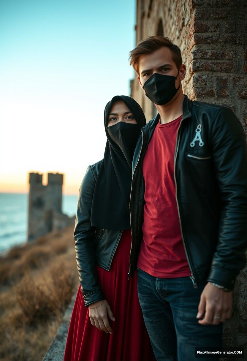 A biggest black hijab girl, beautiful eyes, face mask black, black leather jacket, biggest red longest dress, untall,

Jamie Dornan, handsome, face mask black, fit and tough body, metal red t-shirt, black leather jacket, jeans, tall man,

standing near wall together,
Hyper realistic, photorealistic, street photography, Victoria's abandoned castle, near beach, sunrise.