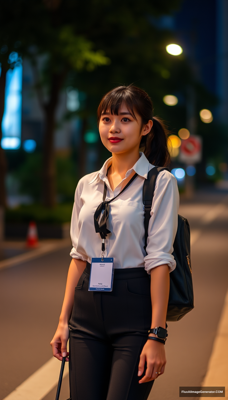 A girl dressed in office attire on her way home, an Asian person, full-body shot, nighttime lighting.