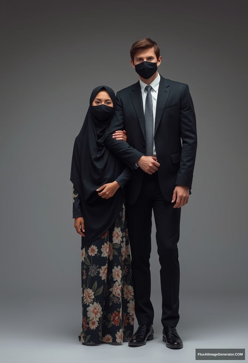 A biggest black hijab girl, beautiful eyes, face mask black, biggest floral longest dress, standing holding his arm

Jamie Dornan, youngest, black suit coat, white shirt, grey patterned tie, black leather sneakers, tall man, face mask black, fit tough body, standing near her,

hyper realistic, studio photography. - Image