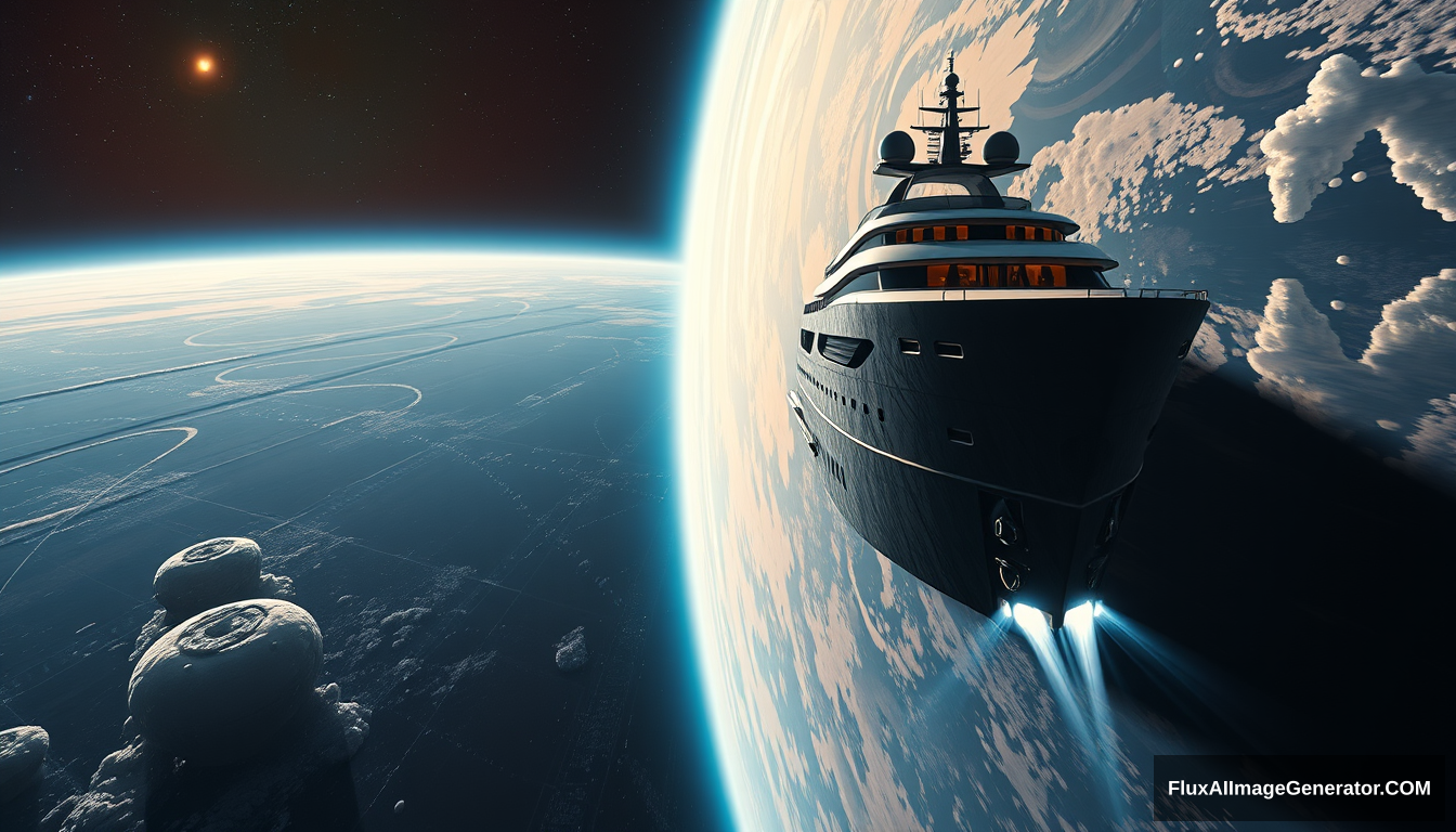 a luxury space-yacht, as painted by Syd Mead, earth orbit setting, 4k, full-length mural along the side. - Image