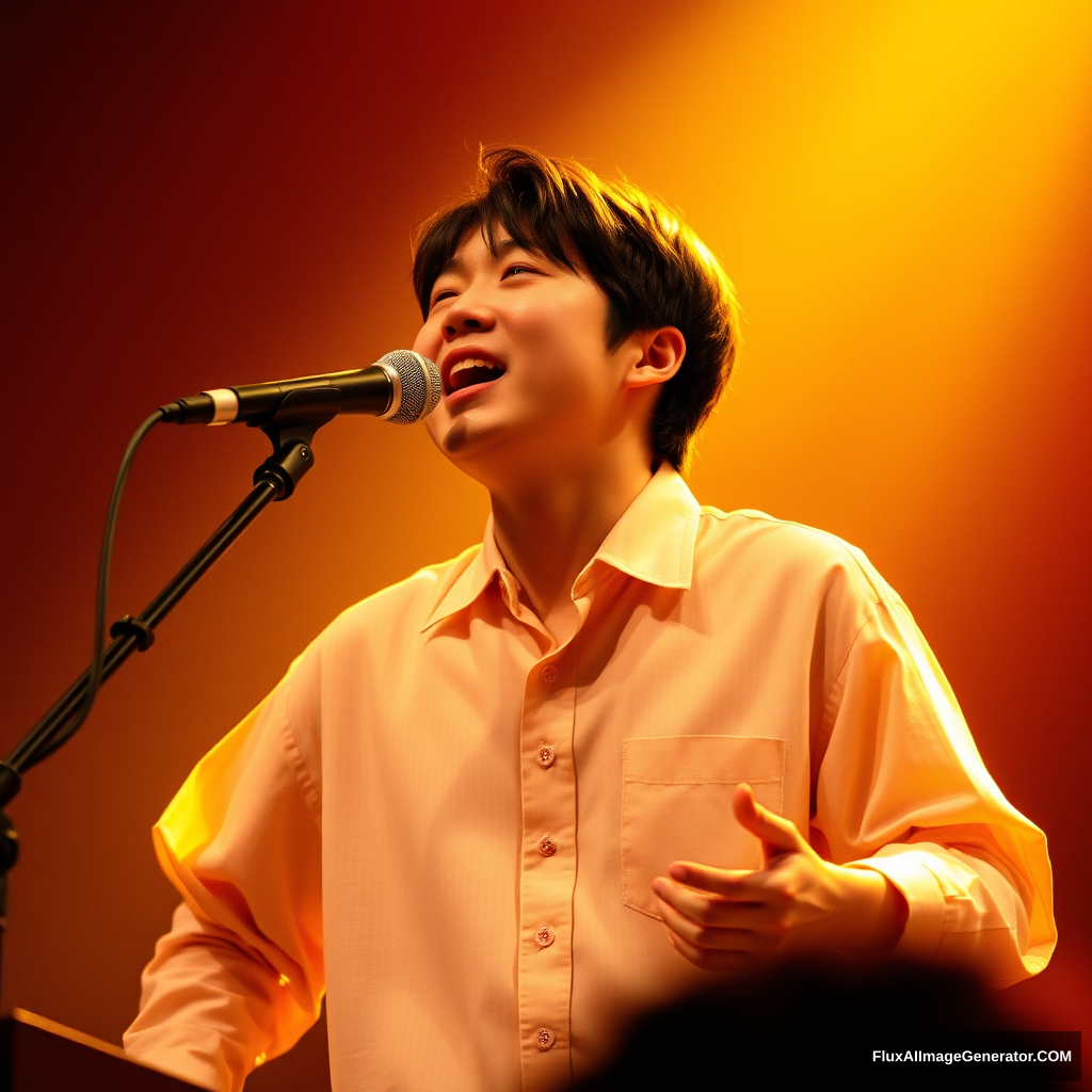 An Asian person singing in concert