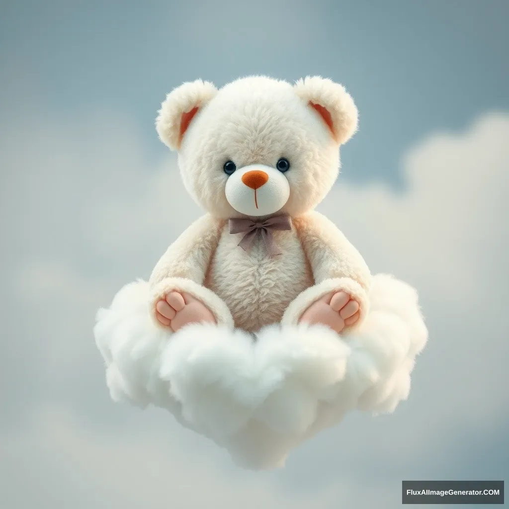 Pretty teddy bear sitting on a heart-shaped cloud.