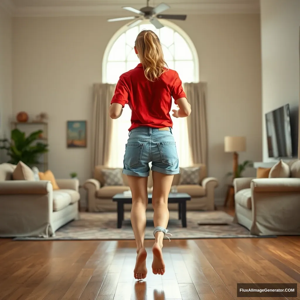 Back view of a skinny blonde woman in her huge living room, wearing an overly large red polo t-shirt that is askew on one shoulder, paired with oversized light blue denim shorts that are unrolled. She is barefoot, with no shoes or socks, and facing the camera as she gets up from her chair and runs toward it.