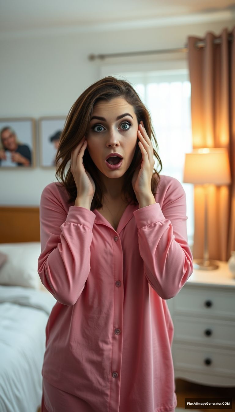 A 38-year-old Caucasian brunette woman standing in her bedroom. She is wearing pajamas. She has a shocked look on her face. Both hands are on her face.