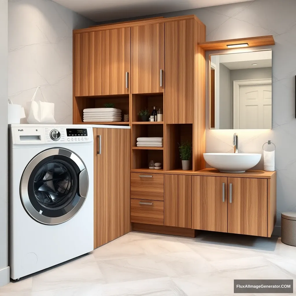 Help me design a beautiful bathroom and washing machine integrated cabinet, with the washing machine on the left and the bathroom cabinet on the right, requiring an integrated design. - Image