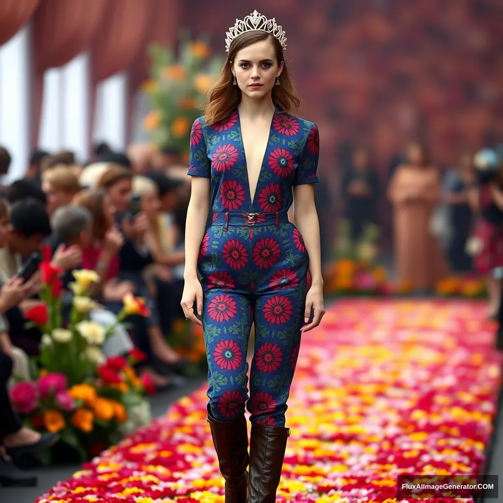 Emma Watson is wearing a jumpsuit styled one-piece (colorful patterned based on blue), jeweled fancy tiara, leather long boots. The front of the top is open, colorful flower runway, defocused background crowd, realistic photo. - Image