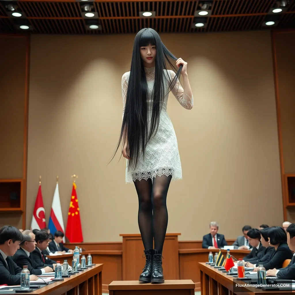 A full-body photo of a Chinese female idol with absurdly long black straight hair and blunt bangs, wearing black stockings and Martin boots on the lower half, and a white lace dress on the upper half, standing on a podium in a conference room cutting her long hair, with politicians from various countries sitting below. - Image