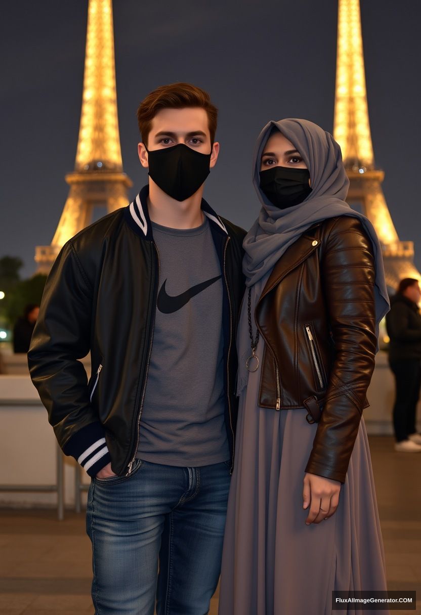 Jamie Dornan, young, black face mask, collage jacket, Nike t-shirt, jeans, tall man, fit body,

Dating, love with the biggest grey hijab Muslim girl, beautiful eyes, black face mask, leather jacket, biggest longest skirt,

standing near the Eiffel Tower, night scenery, hyper-realistic, photorealistic, street photography.