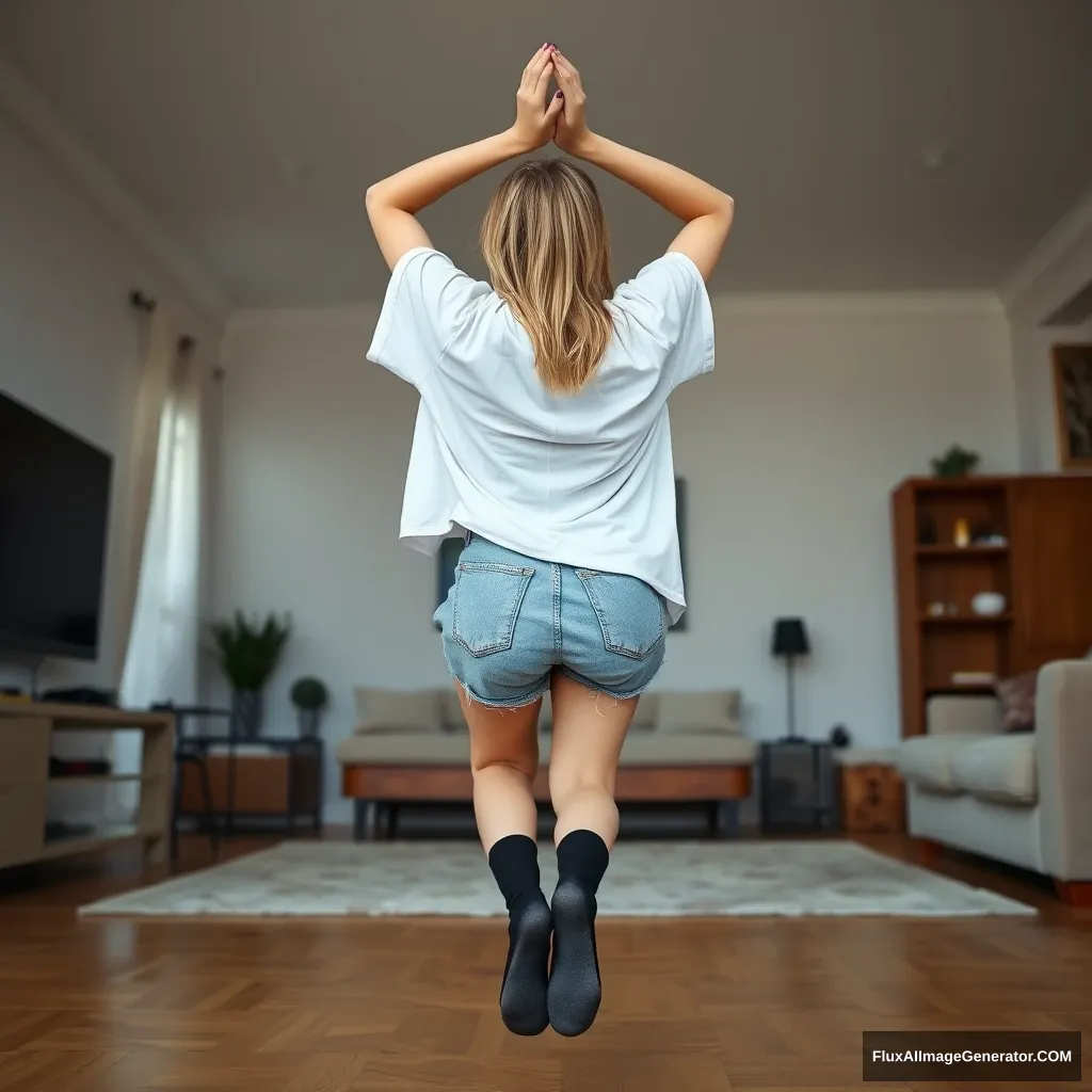 Side view of a skinny blonde woman in her expansive living room, wearing an extremely oversized white t-shirt that hangs unevenly on one shoulder, and baggy light blue denim shorts that are not rolled up. She has on ankle-high black socks without shoes. Facing her TV, she dives headfirst with her arms raised beneath her head, which is tilted upwards, and her legs elevated in the air at a -60 degree angle.