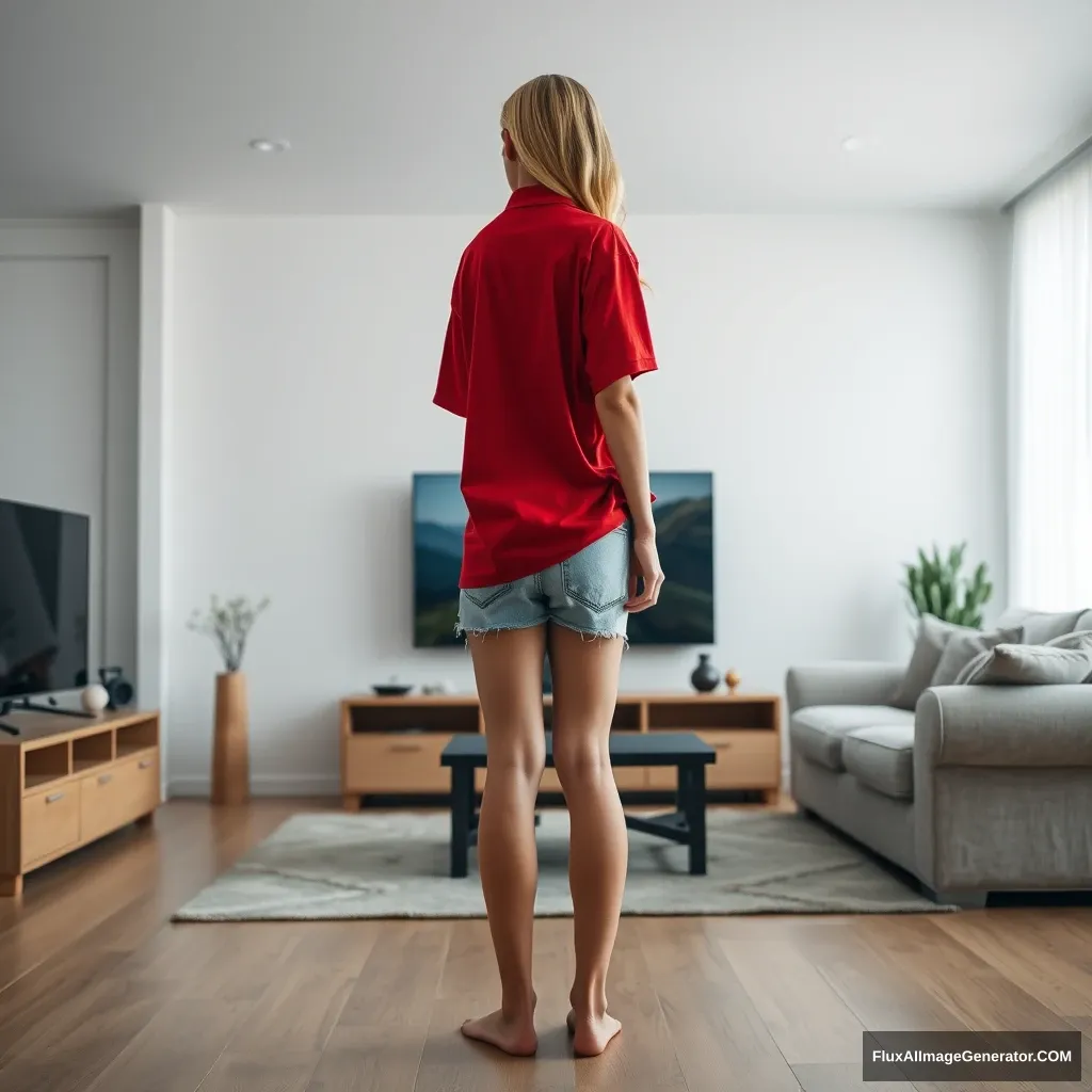 Side view of a young blonde skinny woman in her early twenties in her massive living room, wearing a massively oversized red polo t-shirt that is slightly off balance on one shoulder. The bottom part of her t-shirt is tucked in, and she is also wearing small light blue denim shorts. She is barefoot, facing her TV, standing with both arms straight down.