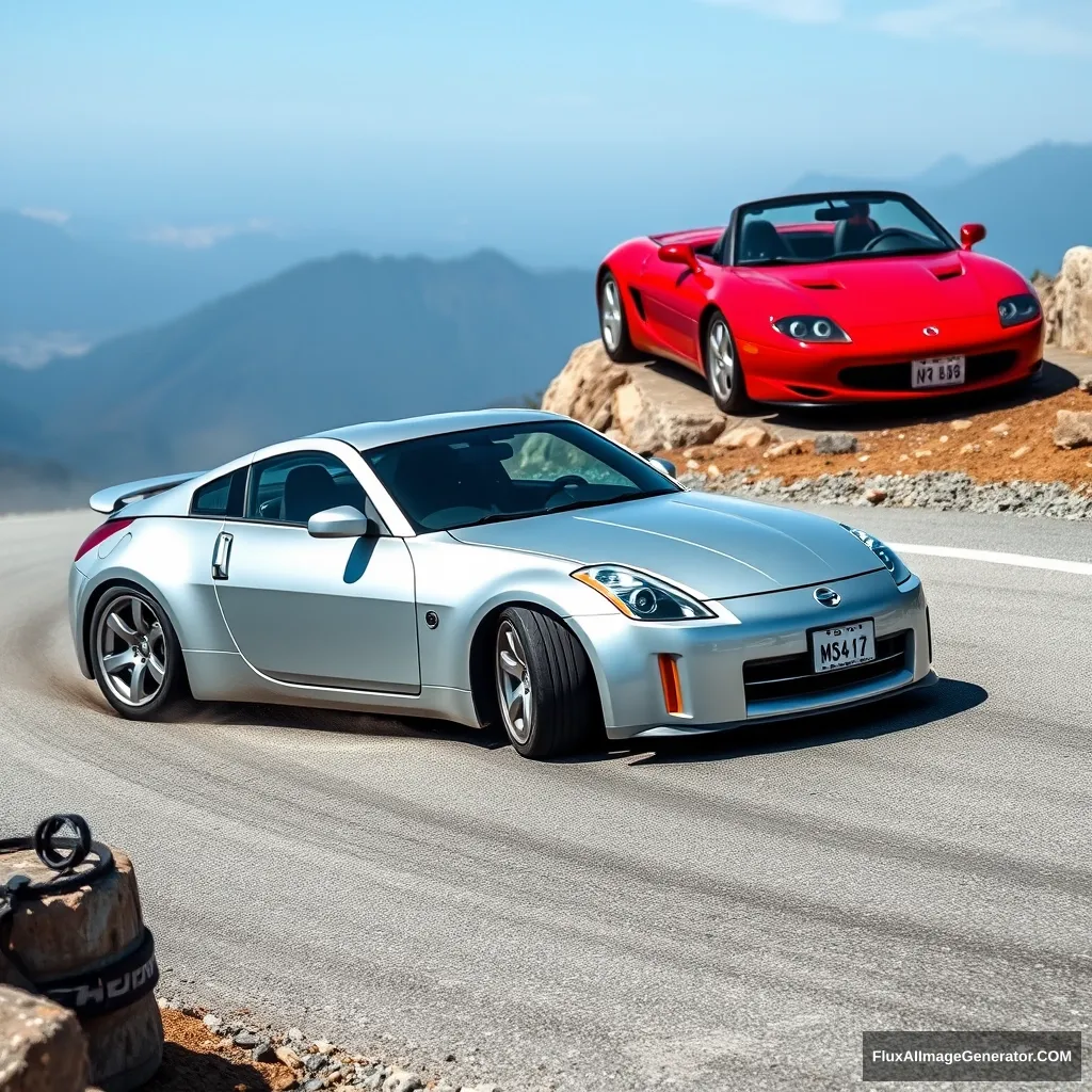 Create an image of a silver Nissan 350z drifting on a Japanese mountain. Add a red first generation Mazda Miata to the image.