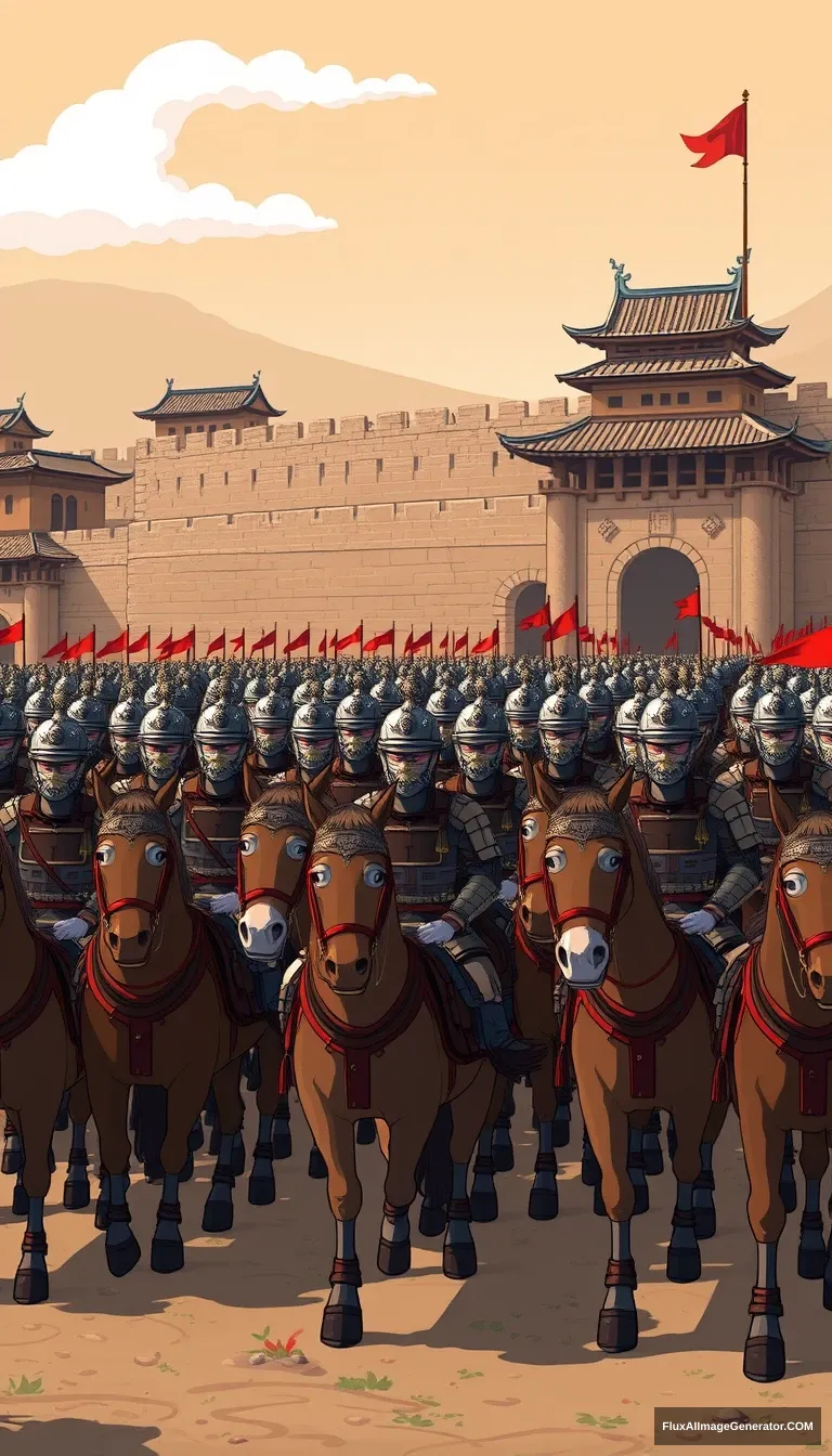 In the background of the Song Dynasty in China, a well-organized ancient army is lining up to set off. The soldiers are wearing armor and riding warhorses. The backdrop features majestic city walls with a few white clouds floating in the sky. The style should be cartoonish.