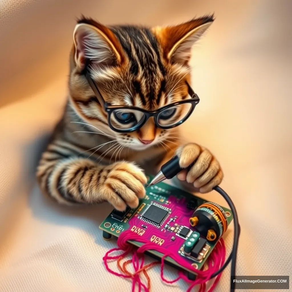 A mischievous tabby cat, wearing tiny spectacles, meticulously solders a circuit board with a miniature iron. Vibrant threads weave intricate patterns, mimicking electronic pathways. Soft fabric backdrop, warm lighting. Delicate French knots form components. Style: Hyper-realistic embroidery art, blending traditional craftsmanship with modern technology.