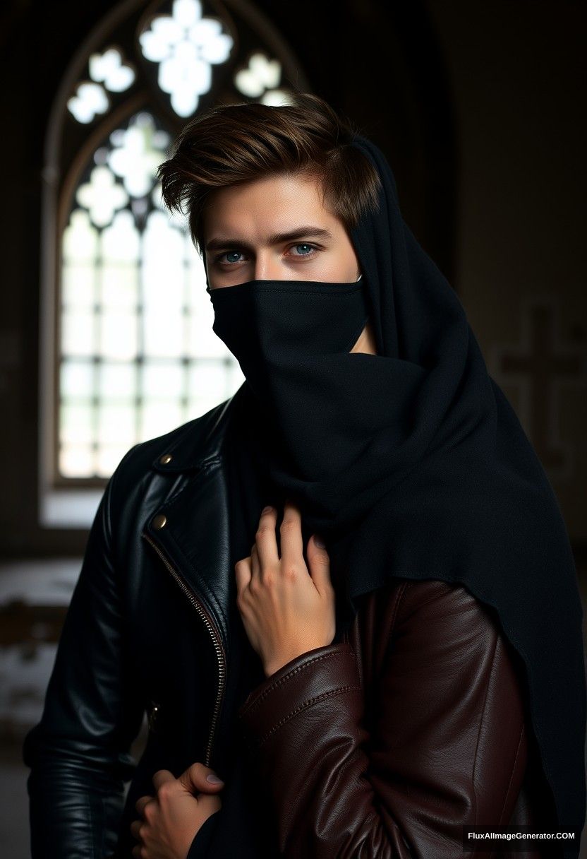 Jamie Dornan's head and body shot, handsome, face mask black, black leather jacket, dating, love with the biggest black hijab Muslim girl, not tall, beautiful eyes, face mask, maroon leather jacket, biggest black skirt, hyper realistic, studio photography, full body photo, explore at abandoned castle. - Image