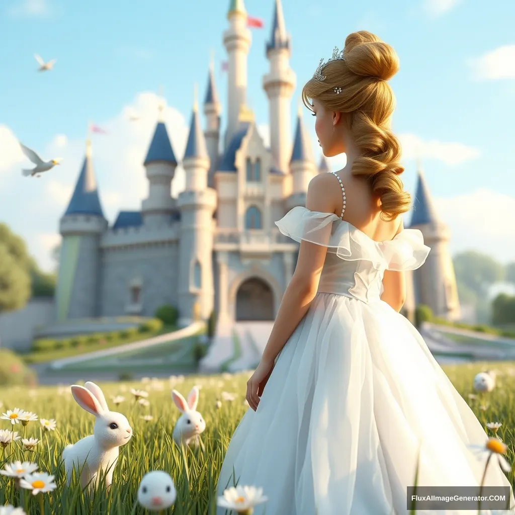 A princess in a white chiffon dress, looking ahead in the grass in front of the castle, with cute furry bunnies, birds, flowers, a magical world, Disney style, 3D rendering, natural light, high-definition picture quality, 8k, - niji 6.