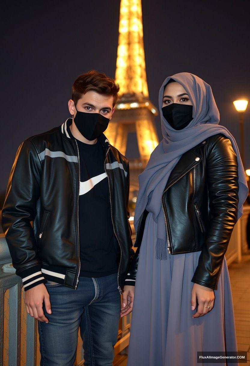 Jamie Dornan, young, black face mask, collage style jacket, Nike t-shirt, jeans, tall and fit,

Dating, love with the biggest grey hijab Muslim girl, beautiful eyes, black face mask, leather jacket, biggest longest skirt, cute,

standing near the Eiffel Tower, night scenery, hyper-realistic, photorealistic, street photography. - Image