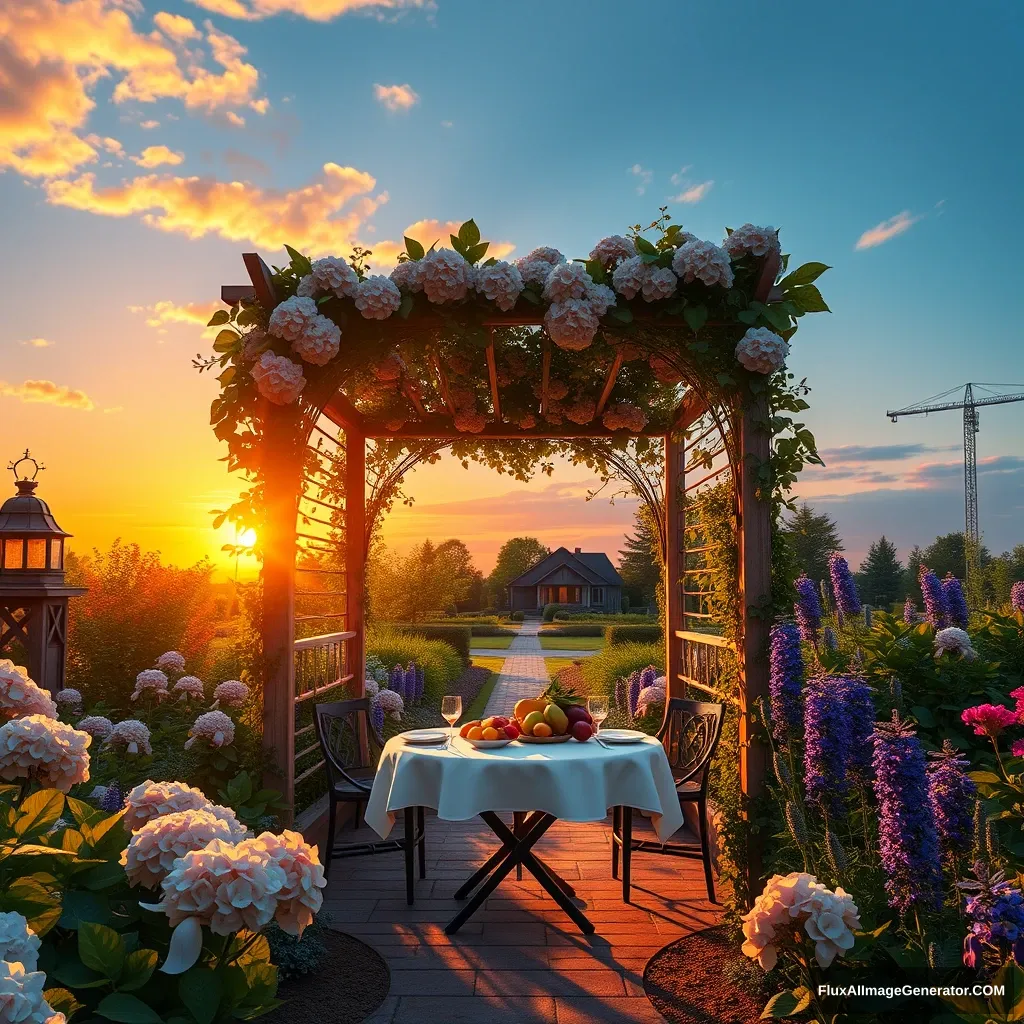 On a serene summer evening, a professional 3D model showcases a beautiful hydrangea garden. The orange, red, and yellow afterglow of the sunset gradually transitions into a deep blue sky, creating a tranquil atmosphere. Looking from the entrance of the garden, the setting sun is slowly sinking, and golden rays sprinkle onto the rose pergola, creating a beautiful and dreamlike effect. There is a dining table arranged in the garden with fresh fruits displayed on it. The garden boasts a rich variety of plants, including hydrangeas, irises, lavenders, Heleniums, Pennisetums, Spiraeas, and other border plants, along with the silhouette of a flower house in the distance. The entire scene presents an ultra-realistic and vivid style, rich in details, evoking a warm and calm feeling. This ultra-detailed, high-quality image is hyper-realistic, with sharp focus, resembling a professional, majestic oil painting, trending on ArtStation and CGSociety, intricate and high detail, dramatic, with photorealistic painting art by MidJourney and Greg Rutkowski. - Image