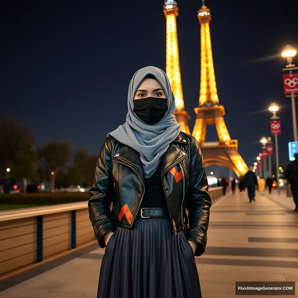 A biggest grey hijab Muslim girl, beautiful eyes, face mask black, black leather jacket, biggest longest skirt, standing near Eiffel Tower, theme Olympic logos, night scenery, hyper realistic, street photography.