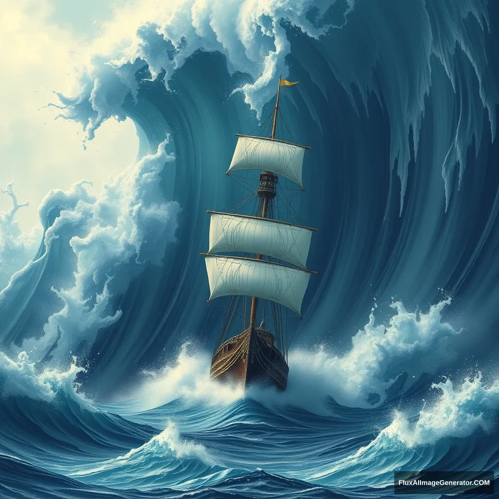 "A ship sailing in towering waves."