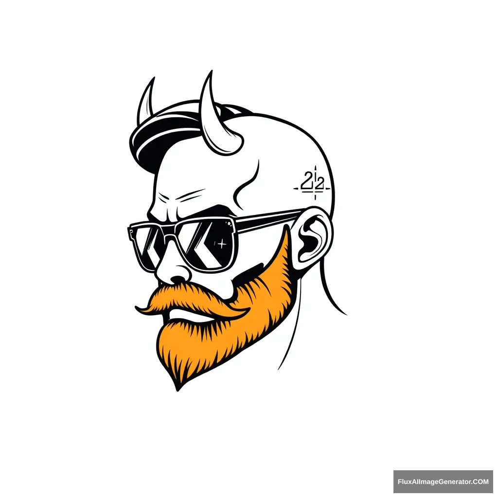 Logo design: Minimalist vector illustration of a bald human male, three-quarter view. Flat cap, striking aviator glasses reflect digital circuits. Demonic horns curl from temples. Fiery ginger beard blends seamlessly with trimmed mustache. 3D printer layer lines texture skin. Futuristic dystopian vibe. Monochromatic color scheme.