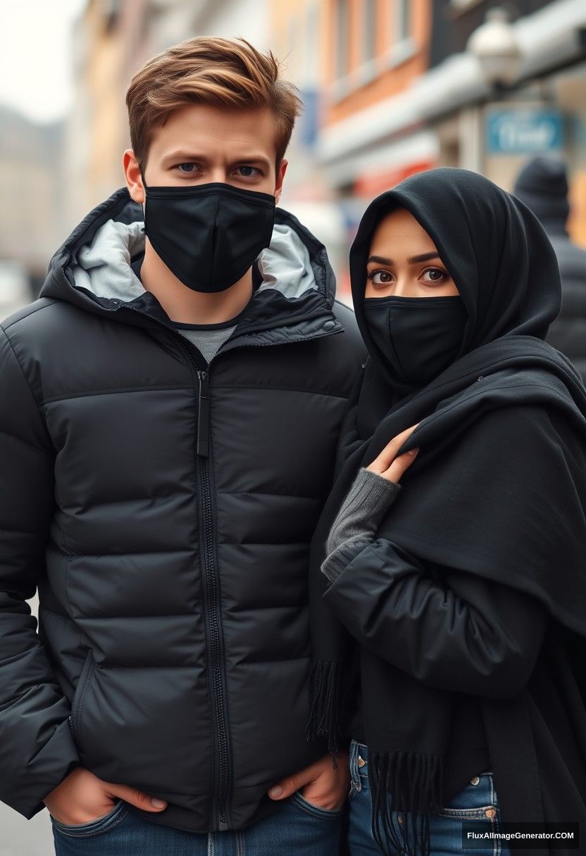 Jamie Dornan, handsome, young, wearing a black face mask, snow jacket, jeans, dating a beautiful Muslim girl in a black hijab with beautiful eyes, also wearing a black face mask, in a winter scenery, standing together in town, photorealistic street photography.