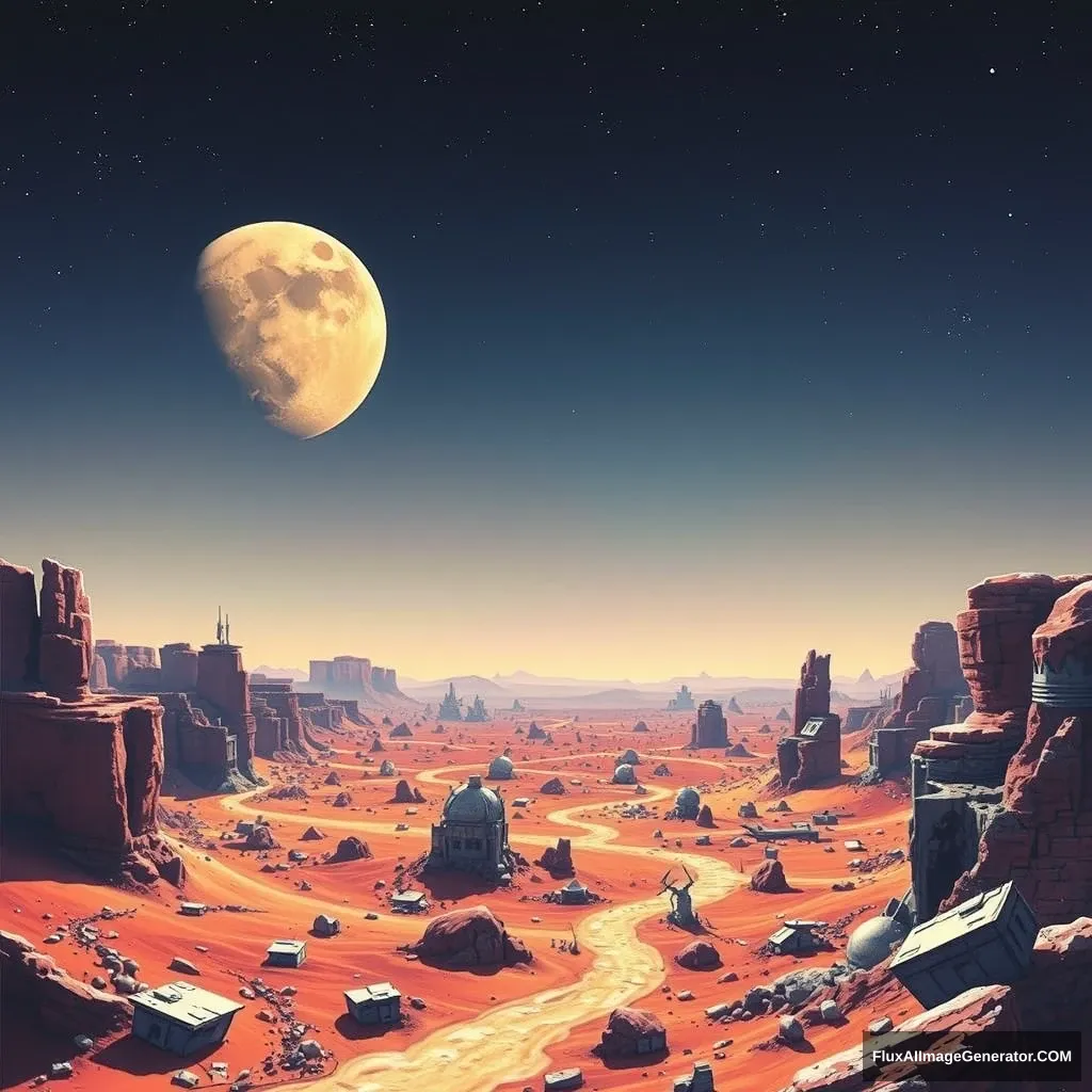 I want a painting in the MC Escher style of what life on Mars would look like.