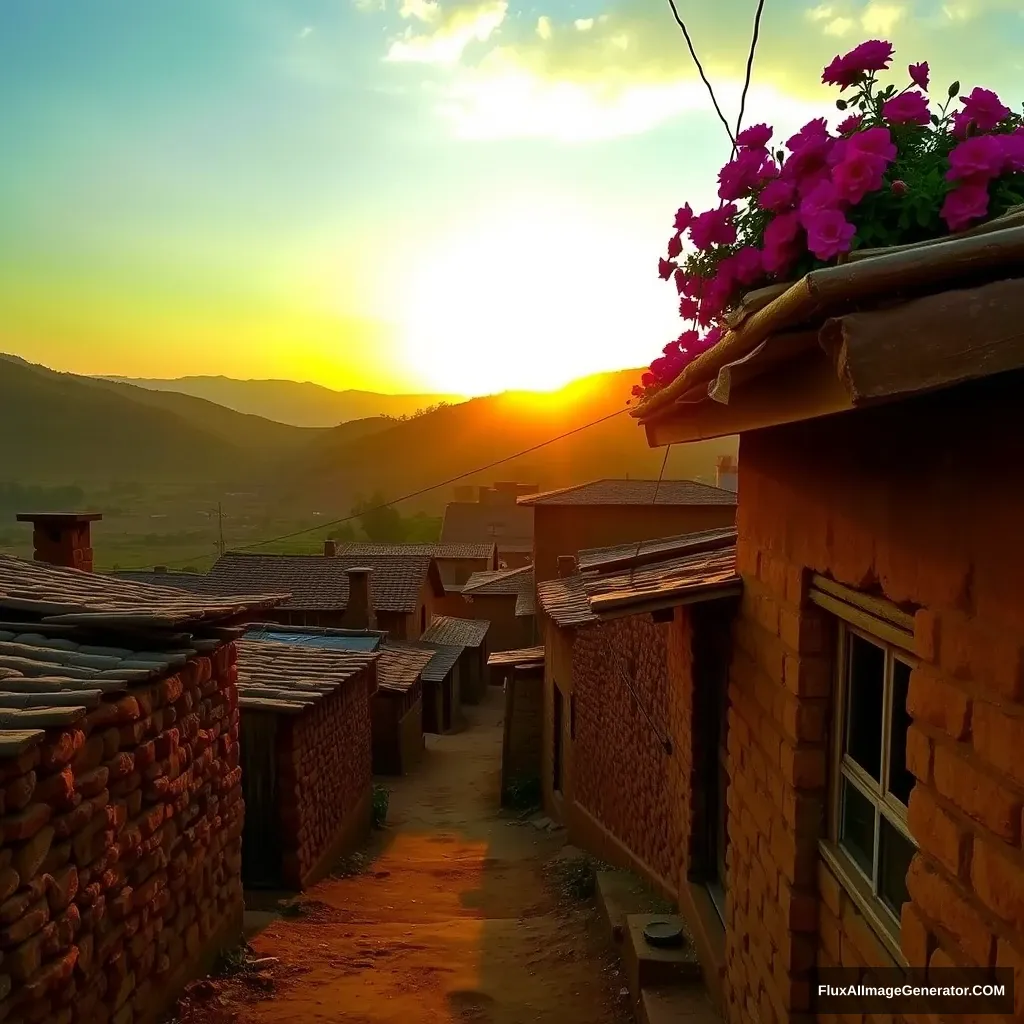 Imagine a peaceful evening in a quaint Pakistani village. The sun is setting, casting a warm golden hue over the landscape. The narrow, winding streets are lined with simple, traditional houses made of clay and brick, their rooftops adorned with colorful flowers. - Image