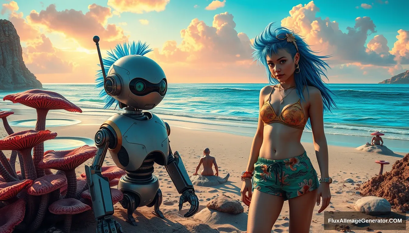 Realistic Photo in the intricate style of Enki Bilal: A scene features a delicious attractive punk girl with electric blue spiky hair; beside a charming retro-futuristic robot in Hawaiian shorts, on a surreal alien beach adorned with iridescent fungi and shimmering lakes, all beneath a vibrant, dreamlike sky.