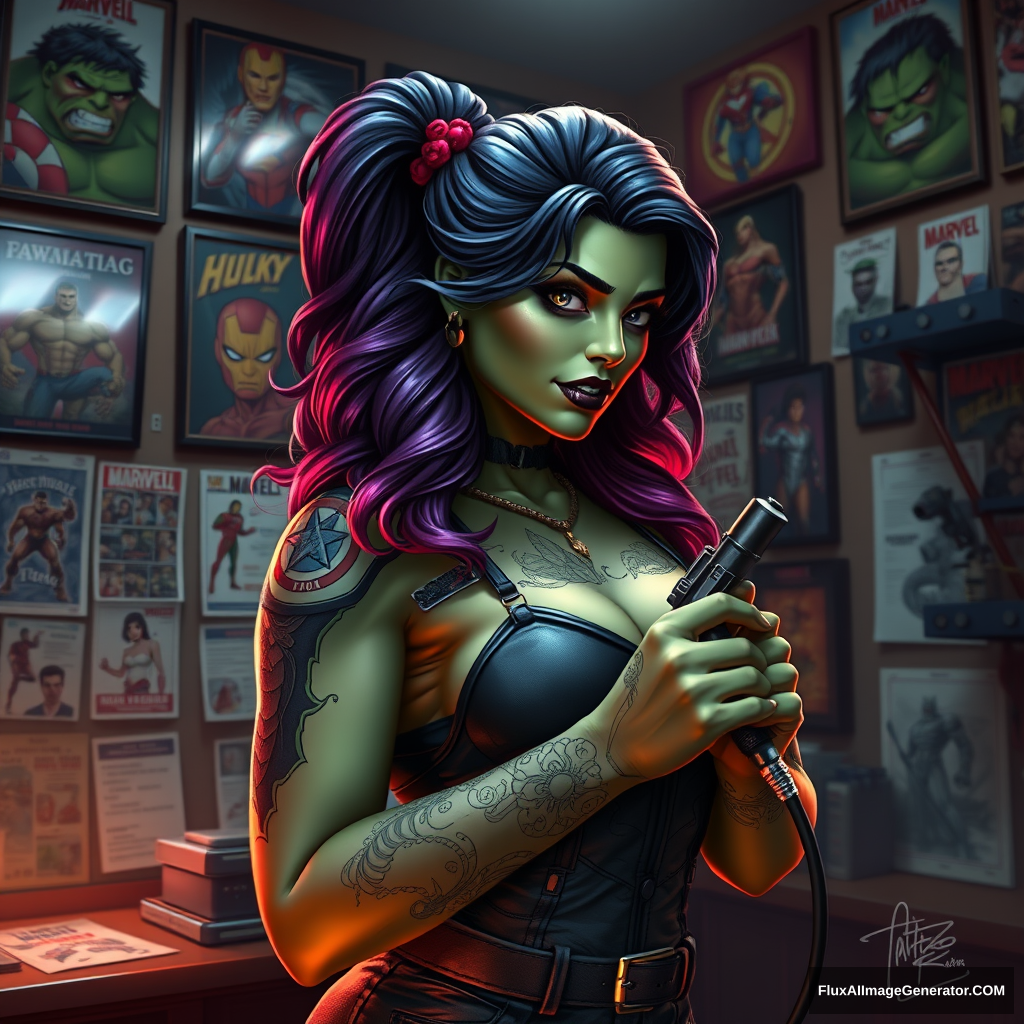 She-Hulk in tattoo artist attire, inked with detailed Marvel hero motifs, grips a tattoo machine, standing before a backdrop of an authentic tattoo studio walls adorned with vibrant artwork, flash sheets, and tattoo machine racks, soft ambient light casting a subtle glow over the scene, digital painting, ultra realistic, dramatic lighting. - Image