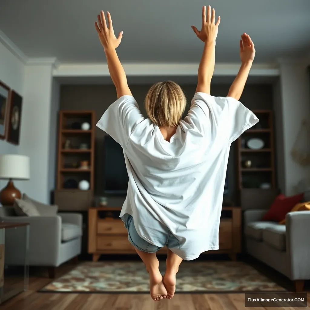 Side view angle of a blonde skinny woman who is in her massive living room wearing a massively oversized white t-shirt, which is also very off balance on one of the sleeves, and wearing oversized light blue denim shorts. She is barefoot and facing her TV, diving head first into it with both arms raised below her head and legs high up in the air at a 60-degree angle.