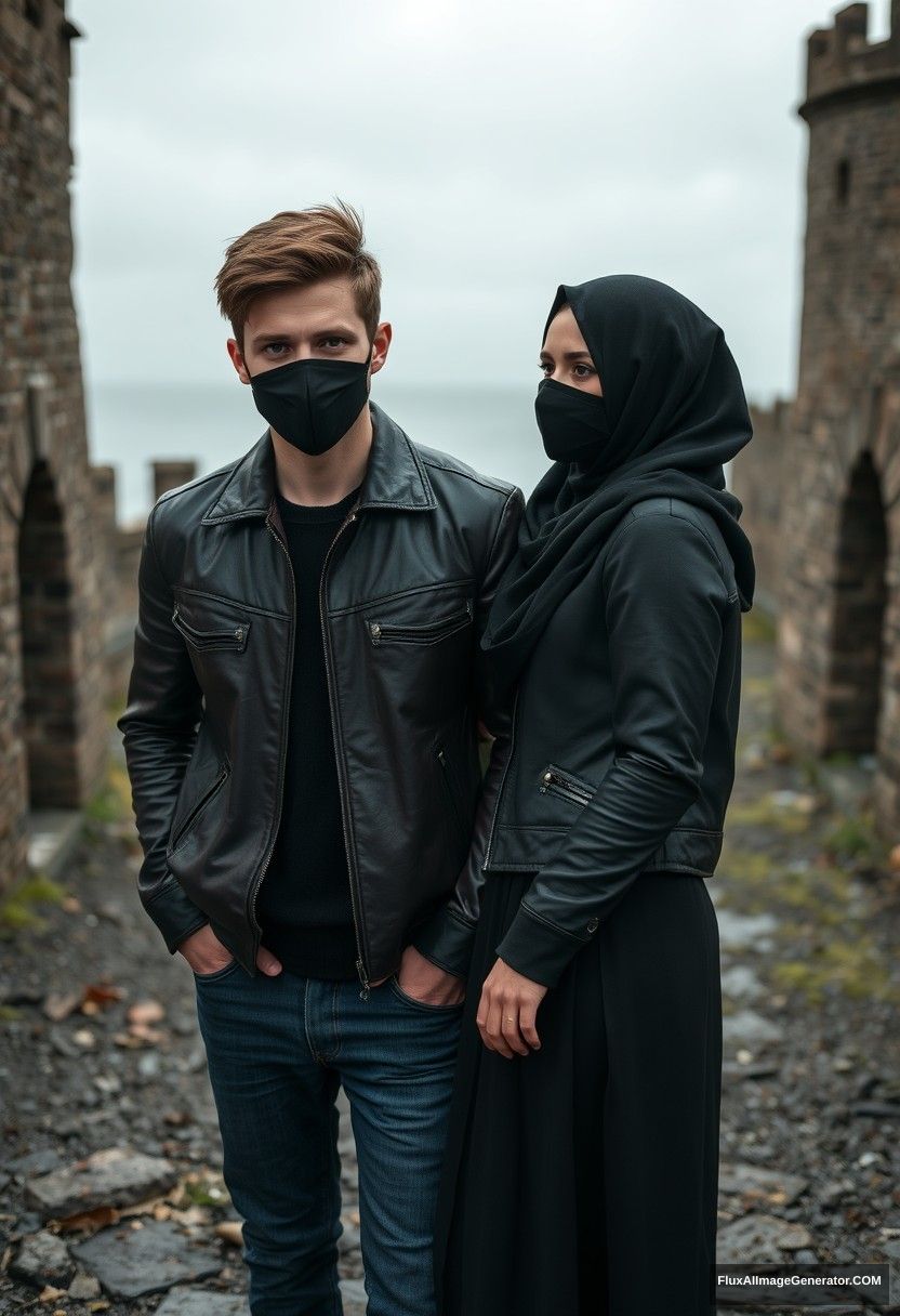 Jamie Dornan's head and body shot, handsome, youngest, black face mask, black leather jacket, jeans, dating, love with the biggest black hijab Muslim girl, not tall, beautiful eyes, face mask, maroon leather jacket, biggest black skirt, hyper-realistic, studio photography, full body photo, exploring at an abandoned castle, at sea, gloomy scenery. - Image