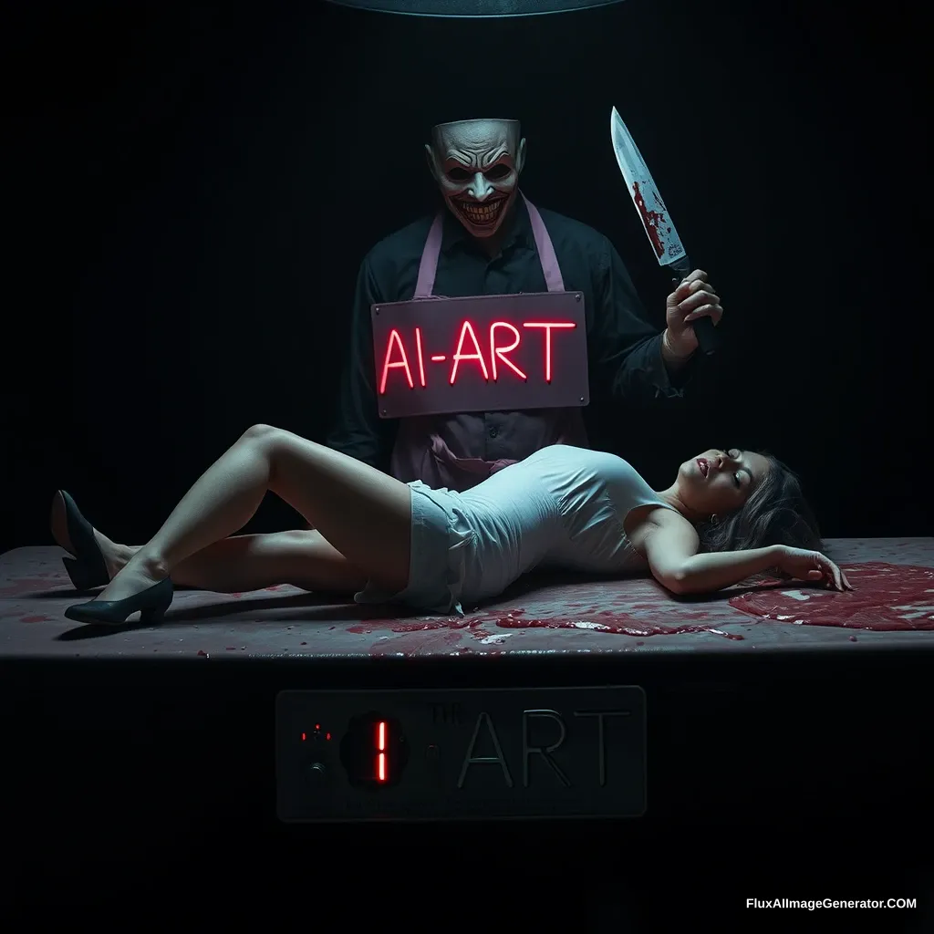 A woman lay on the butcher table, shoes on, night, neo. There is a sign that says: "AI ART," a horrifying butcher with a mask standing behind in the dark with a bloody butcher's knife in his hand.