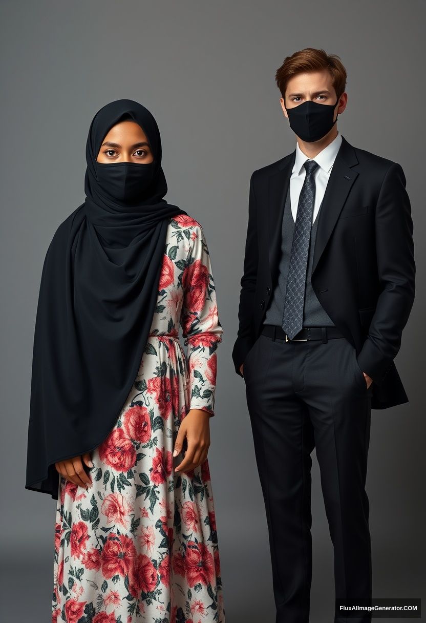 A biggest black hijab girl, slim girl, beautiful eyes, face mask black, biggest floral longest dress, standing

Jamie Dornan, youngest, black suit coat, white shirt, grey pattern tie, black leather sneaker, tall man, face mask black, fit tough body, standing near her,

hyper realistic, studio photography. - Image