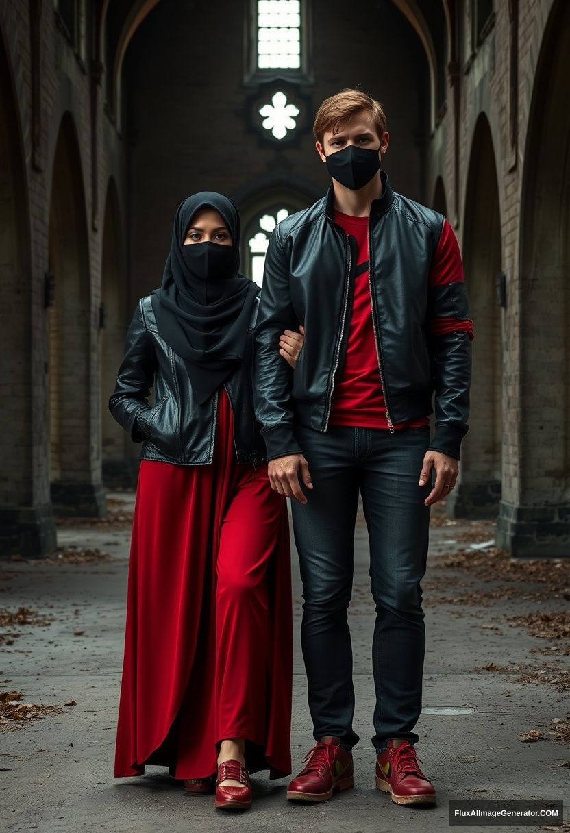 A big black hijab girl, beautiful eyes, black face mask, black leather jacket, the biggest and longest red dress, not tall, standing near him and in love, holding his arm.

Jamie Dornan, handsome, young, black face mask, fit and tough body, Nike red t-shirt, black leather jacket, jeans, red sneakers, tall man, standing near her.

Hyper-realistic, photorealistic, studio photography, Victoria's abandoned castle, gloomy. - Image