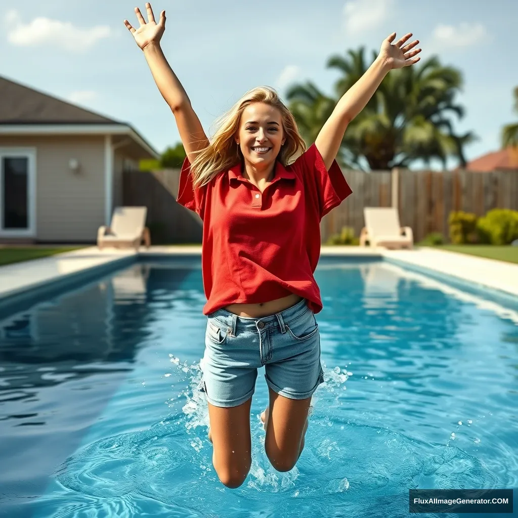 Front view of a young blonde skinny woman who has a good tan, is in her early twenties, is in her massive backyard wearing a massively oversized red polo t-shirt which is a bit off balance on one of the shoulders. The bottom part of her t-shirt isn't tucked in and she is also wearing M-sized light blue denim shorts. She is barefoot, jumps into the pool with her arms raised high in the air, creating a big splash with her legs going underwater. - Image