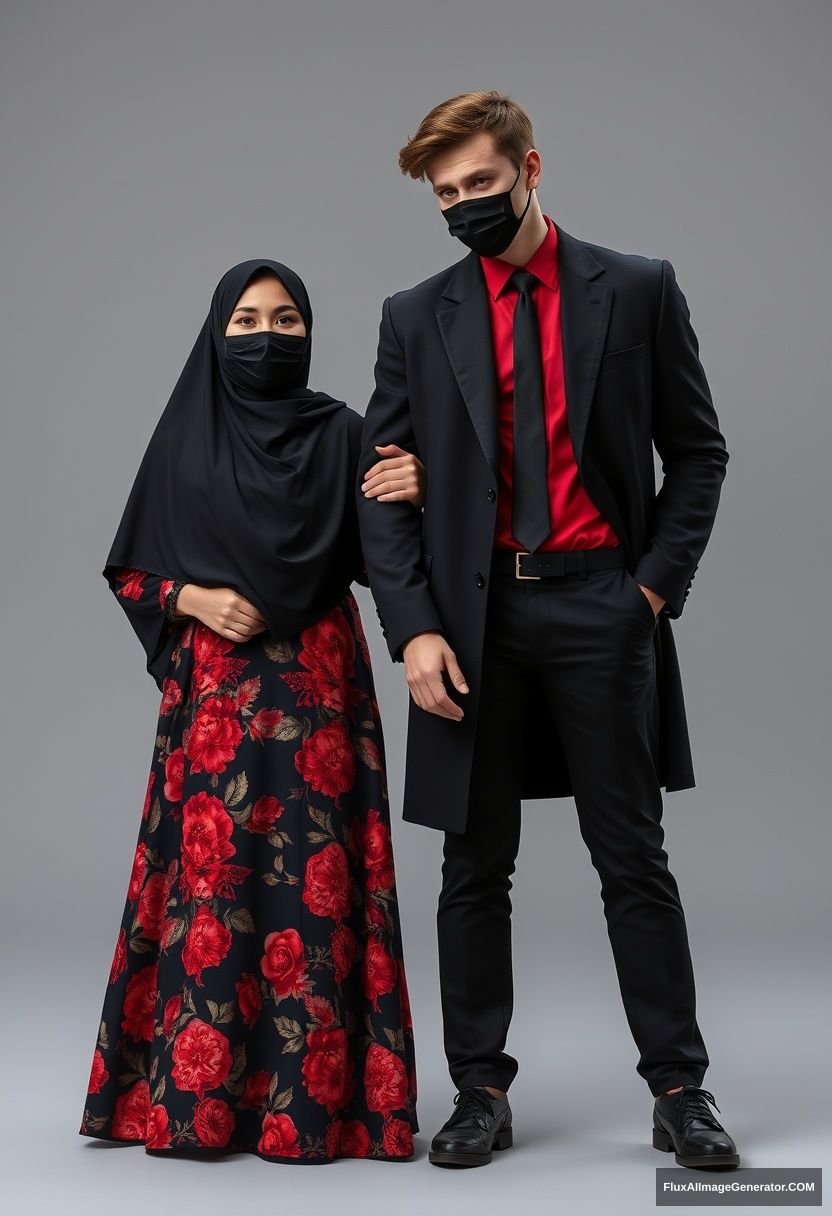 A largest black hijab girl, beautiful eyes, black face mask, largest red floral longest dress, not tall, standing, love holding his arm.

Jamie Dornan, youngest, black suit coat, red shirt, black tie, black leather sneakers, tall man, black face mask, fit tough body, standing near her, love couple.

Hyper realistic, studio photography, photorealistic.