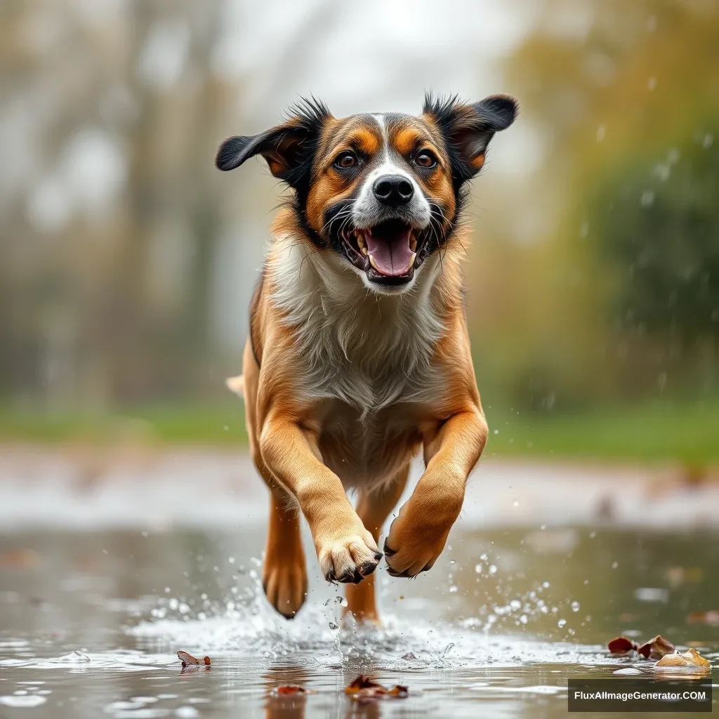 a dog running in the rain - Image