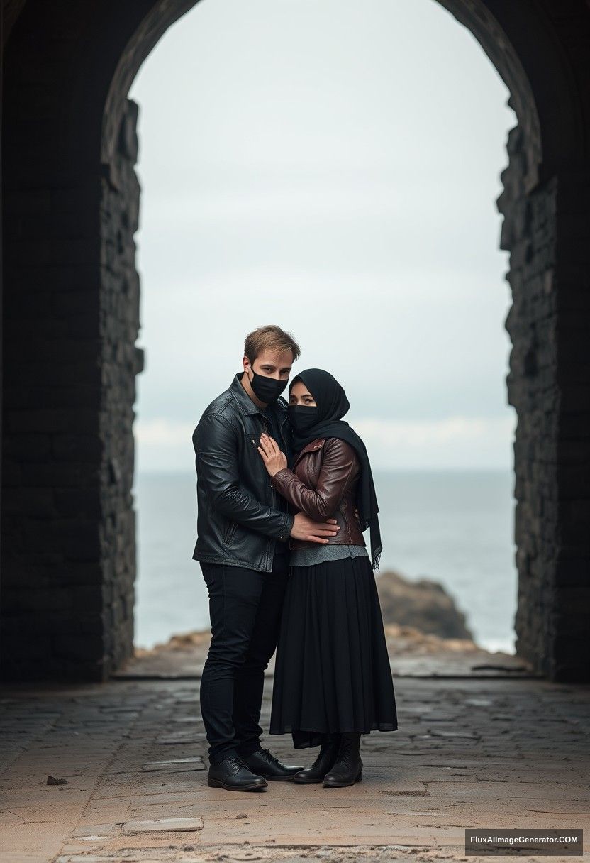 Jamie Dornan's head and body shot, handsome, youngest, black face mask, black leather jacket, dating, love hug with the biggest black hijab Muslim girl, not tall, beautiful eyes, face mask, maroon leather jacket, the biggest black skirt, hyper realistic, studio photography, full body photo, exploring at an abandoned castle, at sea, gloomy scenery.