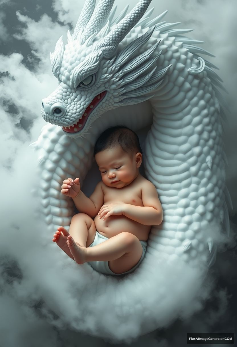 A one-month-old Chinese baby lies in the embrace of a white Eastern dragon, surrounded by the dragon, with realistic details such as scales, dorsal fins, and hair. Mist and clouds obscure and reveal, creating a magical atmosphere. The baby's skin is fair and delicate, resembling a high-quality realistic photo, a masterpiece, a panoramic view.