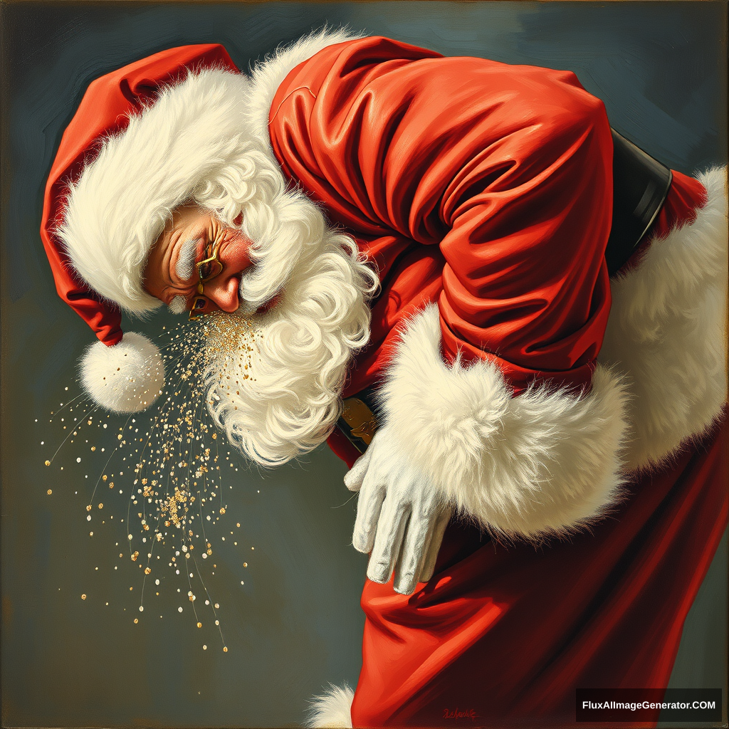 Santa is bent over, wincing as glitter is blown out of his butt, a painting by Authur Sarnoff, 4k. - Image