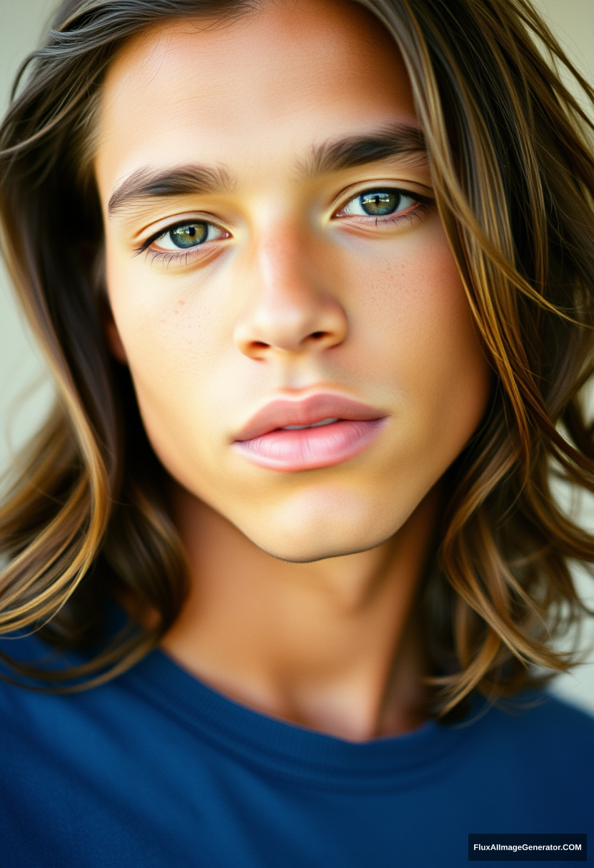 A film portrait of a beautiful young male with long hair and natural textured skin. Shot on Kodak gold 200 film, by Larry Clark, 2005, award winning photograph from the museum of modern art.